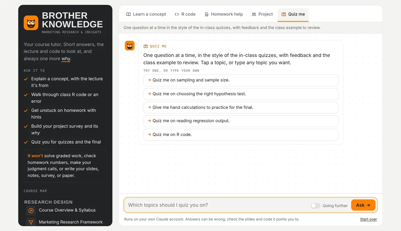 Brother Knowledge quiz mode offering practice topics