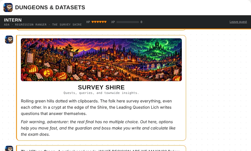 Arriving in the Survey Shire, home of the Leading Question Lich