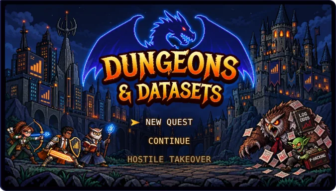 Dungeons and Datasets title screen with a party of heroes and a data monster