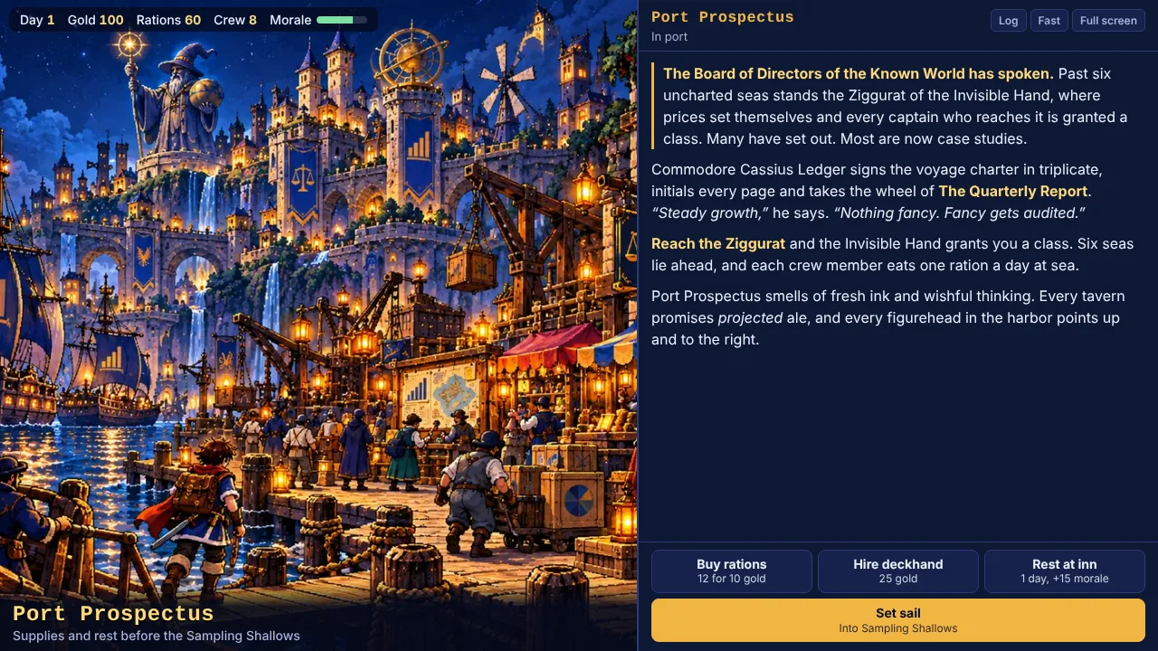 Ebb and Flow in port: the harbor scene beside the captain's log and choices
