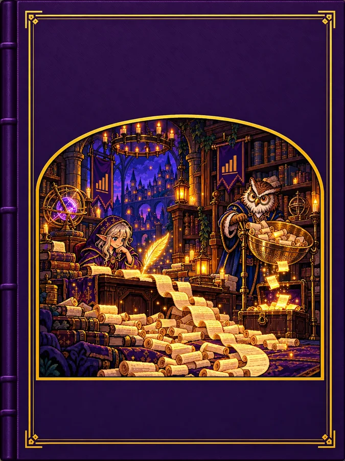 A golden room with glowing cards above a desk